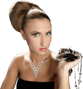 Wealthy woman holding jewelry.